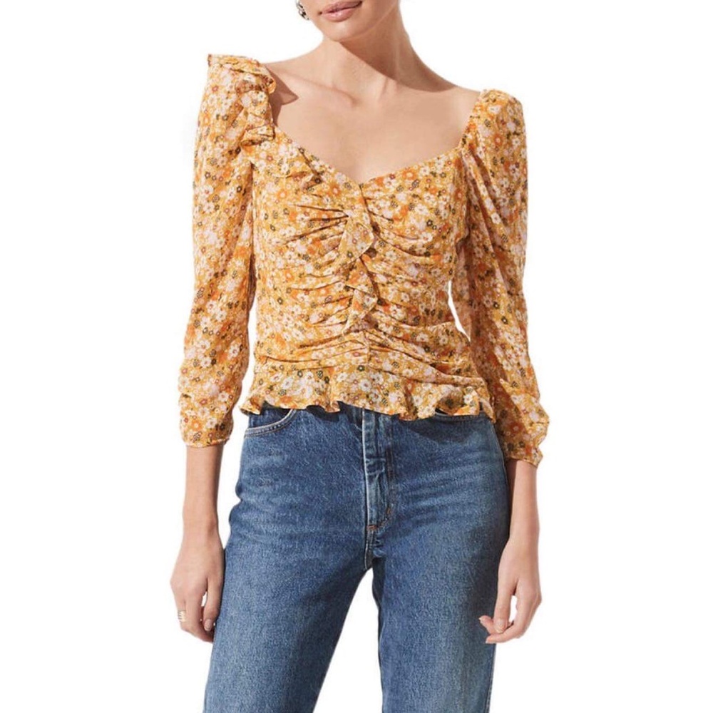 New ASTR THE LABEL Ruched Sleeve Blouse In Mustard Orange Disty Women’s Size S
